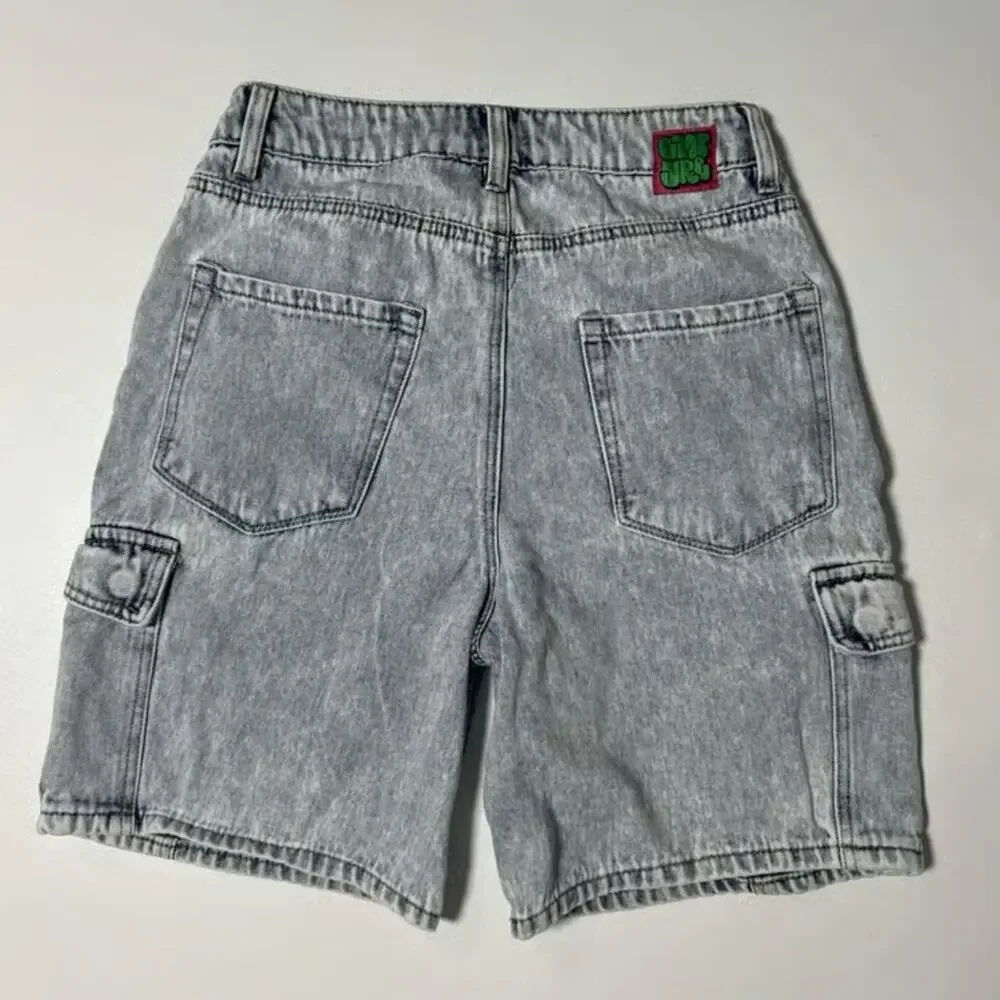 Empyre Tori Loose Fit Denim Cargo Shorts Acid Wash Skater Baggy Jorts Size 4